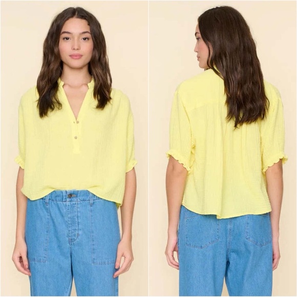 XiRENA Blouse Taye Top Partial Button Front Short Sleeve 100% Cotton Yellow Sz M - Picture 1 of 11